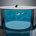 Vibrant Cartoon Scene with Transparent Round Aquarium Blue Water Small Fish White Animal and Penguin
