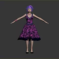 Purple Haired Character In Purple Floral Dress With Outstretched Arms On Gray Background