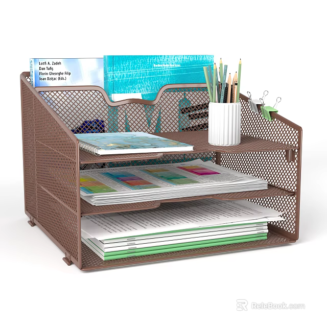 Brown Mesh Desk Organizer With Multi Layer Storage For Office Supplies Documents And Pencils 3d model