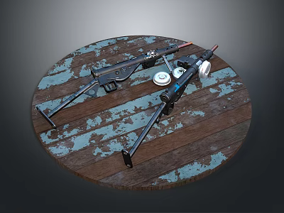 Two Black Long Guns on a Wooden Round Platform with Blue and White Peeling Paint 3d model