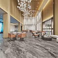 Modern Hotel Lobby Front Desk Reception with Elegant Chandelier Sofa and Marble Floor