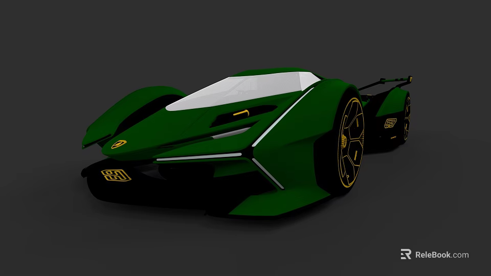 Green Supercar With Modern Futuristic Design Streamlined Body Sharp Lines And Golden Wheels 3d model 