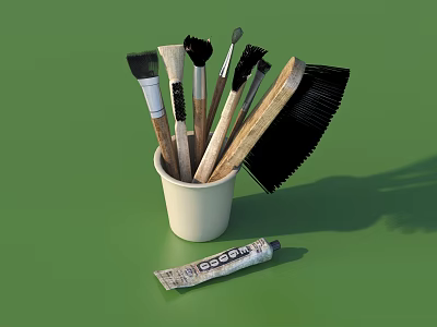 Everyday Life Supplies With Various Brushes In White Bucket And Toothpaste Tube 3d model