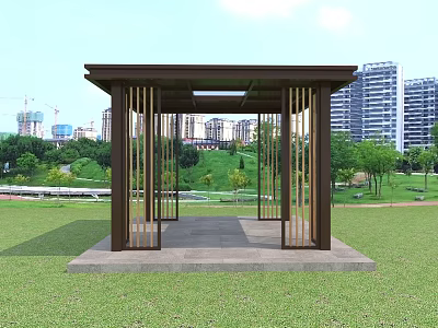 Park Gazebo With Wooden Structure On Green Lawn Near Urban Buildings And Crane 3d model