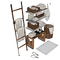 Laundry Daily Essentials With Wooden Ladder Wicker Baskets Folded Towels And Bath Products
