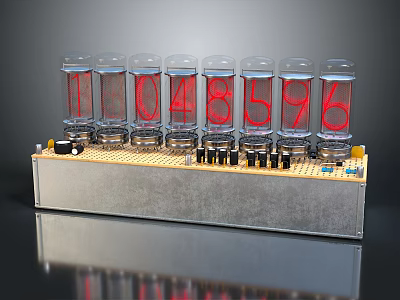 Nixie Tube Digital Display Electronic Device With Red Numbers And Transparent Tubes 3d model