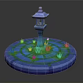 Blue Stone Lantern With Circular Stone Base And Green Grass Spiral Pattern Illuminating Blue Light