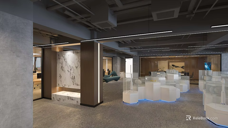 Modern Office Interior Design With Marble Accents And Geometric White Seats 3d model 