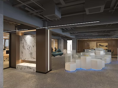 Modern Office Interior Design With Marble Accents And Geometric White Seats 3d model
