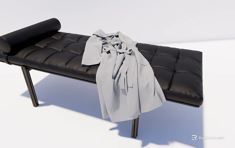Black Leather Tufted Sofa Bench with Metal Legs and Gray Coat Draped Over 3d model 
