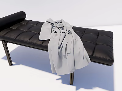 Black Leather Tufted Sofa Bench with Metal Legs and Gray Coat Draped Over 3d model
