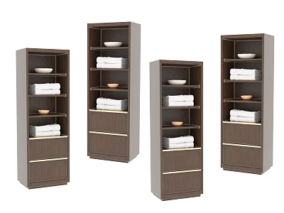 Brown Bathroom Cabinet Shelves with Drawers and Shelves Holding Towels and Bowls 3d model
