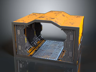 Cartoon Scene With Structure Having Yellow Top Black Frame Metal Grid Floor And Mechanical Parts 3d model