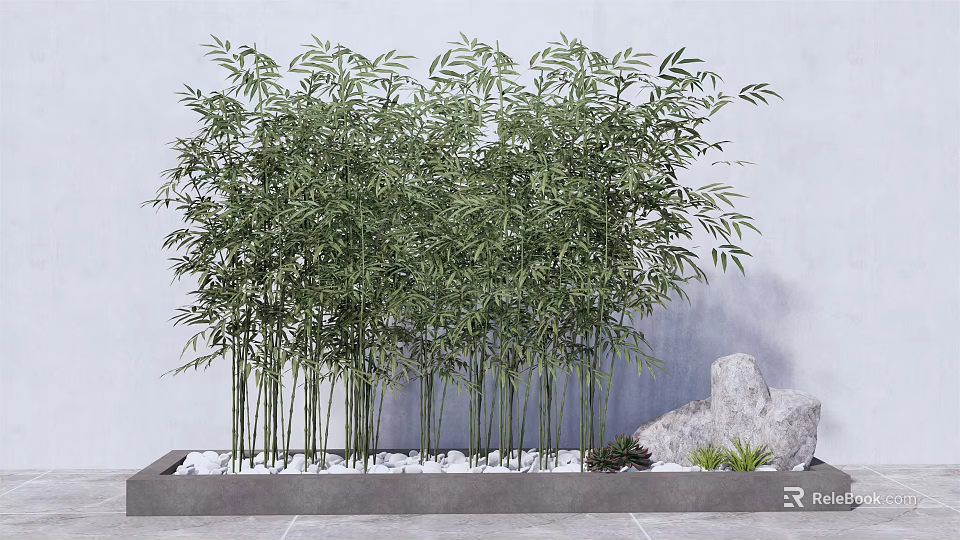 Lush Bamboo Plants In Gray Planter With White Pebbles Large Rock And Small Plants 3d model 