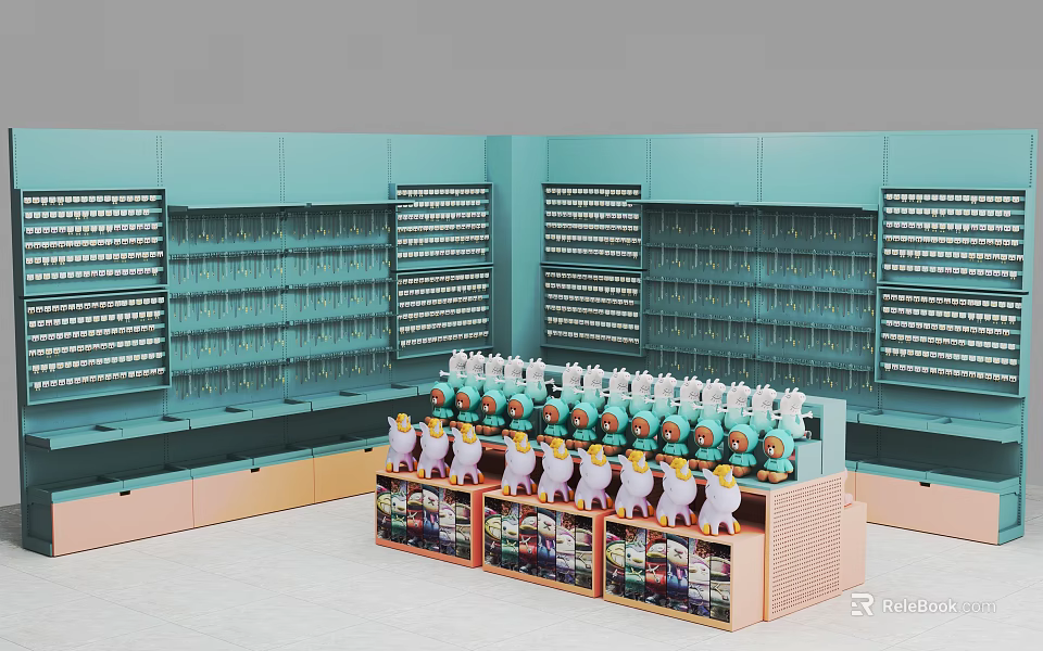 Light Green Mall Counter With Hanging Hooks Display Stand And Small Dolls Bottled Products 3d model 