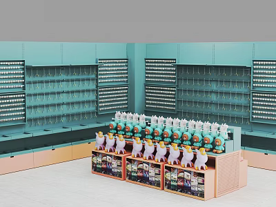 Light Green Mall Counter With Hanging Hooks Display Stand And Small Dolls Bottled Products 3d model