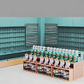 Light Green Mall Counter With Hanging Hooks Display Stand And Small Dolls Bottled Products