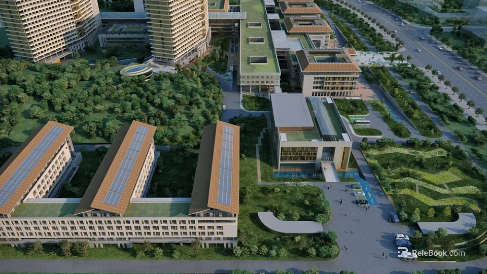 Aerial view of modern hospital building with greenery surrounding trees and multiple structures 3d model 