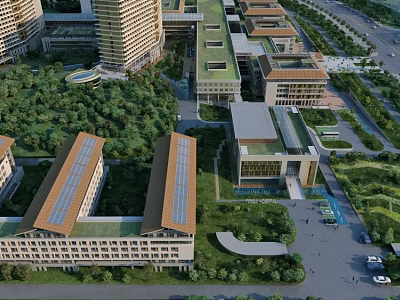 Aerial view of modern hospital building with greenery surrounding trees and multiple structures 3d model
