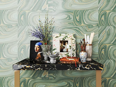 Stylish Decorative Ornament Combination With Lavender Vase Photo Frame Pens And Marble Tabletop 3d model