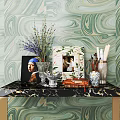 Stylish Decorative Ornament Combination With Lavender Vase Photo Frame Pens And Marble Tabletop