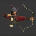 Game Movie Character Archer in Blue Helmet and Red Robe Drawing Longbow with Metal Armor
