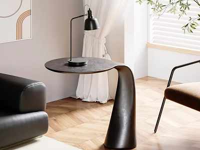 Black Modern Side Table With Curved Base And Round Top In Living Room With Leather Sofa 3d model