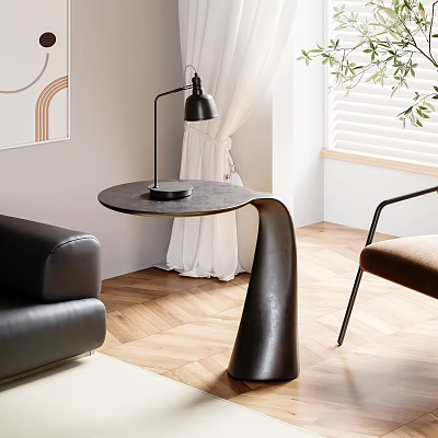 Black Modern Side Table With Curved Base And Round Top In Living Room With Leather Sofa 3d model
