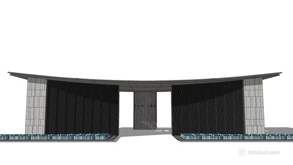 Modern Entrance Gate Design With Curved Black Grilles Stone Walls And Decorative Base 3d model 