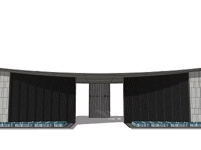Modern Entrance Gate Design With Curved Black Grilles Stone Walls And Decorative Base 3d model