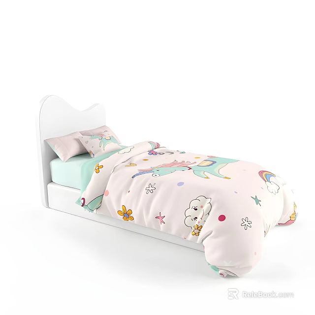Cute Kids Bed With White Headboard Pink Quilt Unicorn Flowers Stars And Clouds 3d model 