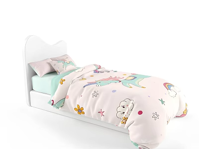 Cute Kids Bed With White Headboard Pink Quilt Unicorn Flowers Stars And Clouds 3d model