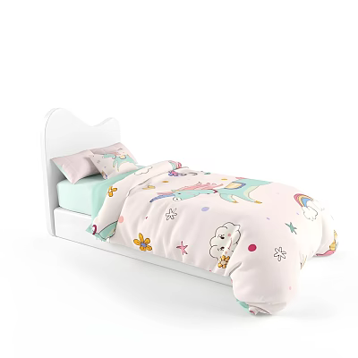 Cute Kids Bed With White Headboard Pink Quilt Unicorn Flowers Stars And Clouds 3d model