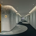 Hotel Corridor With Snowflake Decorations Arched Elevator Doors Circular Walls And Yellow Fire Hydrant 3d model