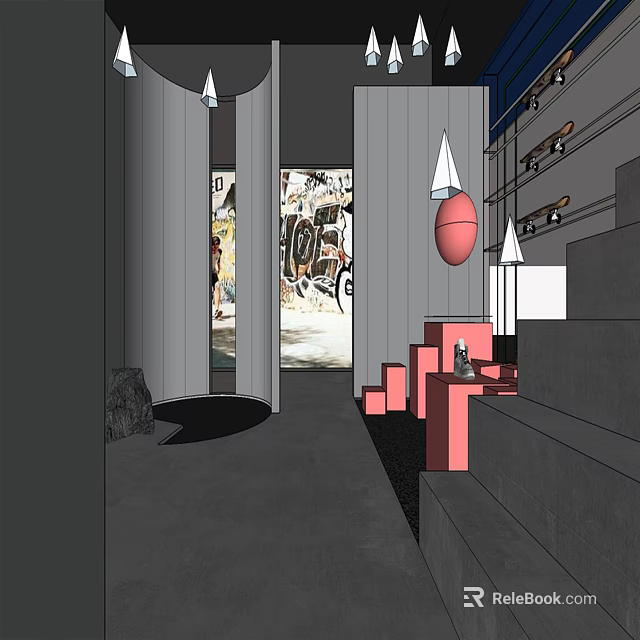 Modern Boutique Store Interior With Geometric Pink Structures And Hanging Luminaires 3d model 
