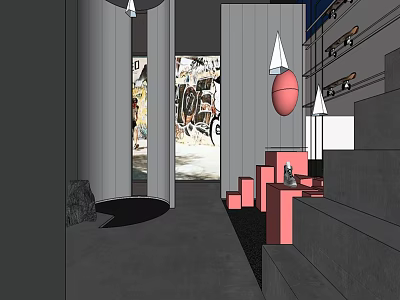Modern Boutique Store Interior With Geometric Pink Structures And Hanging Luminaires 3d model