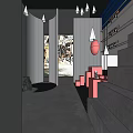 Modern Boutique Store Interior With Geometric Pink Structures And Hanging Luminaires
