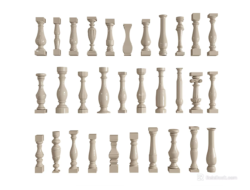 Various Decorative Baluster Designs in Beige Color for Staircase and Railing Projects 3d model 