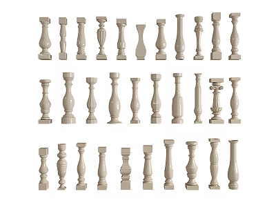Various Decorative Baluster Designs in Beige Color for Staircase and Railing Projects 3d model