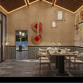 Traditional Chinese Private Dining Room With Wooden Table Chairs And Brick Wall Decorations