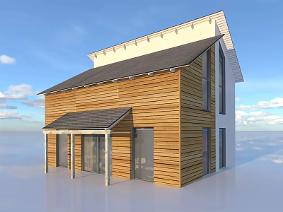 Modern Detached House With Wooden Exterior Sloped Roof Porch And Large Windows 3d model