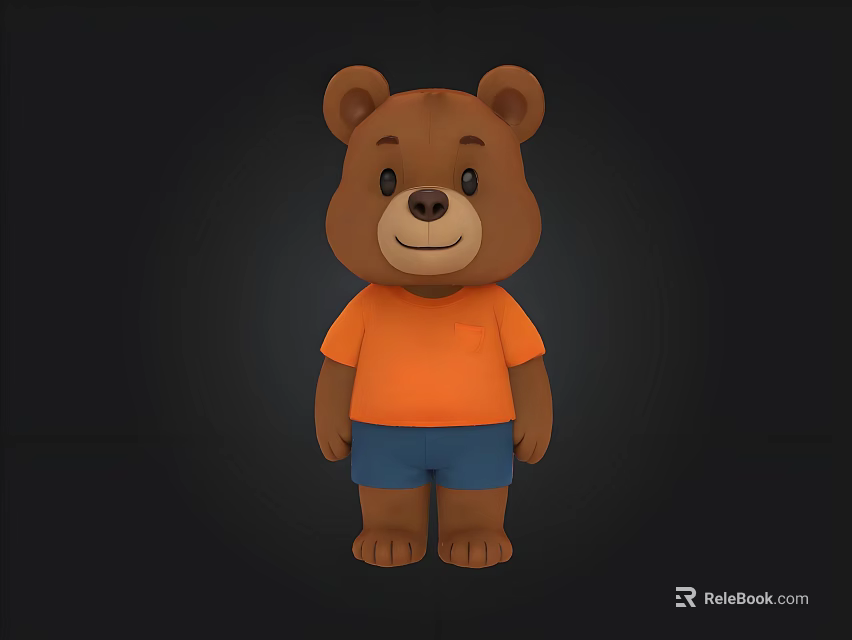 Cute Cartoon Bear Character Wearing Orange T-shirt And Blue Shorts On Black Background 3d model 