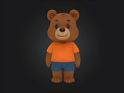 Cute Cartoon Bear Character Wearing Orange T-shirt And Blue Shorts On Black Background 3d model