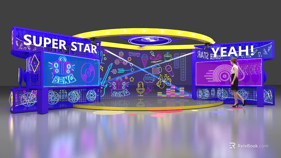 Vibrant Super Star Stage Design With Neon Lights LED Screens And Colorful Decorations 3d model 