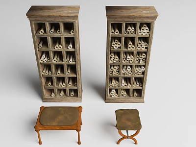 Tall Rustic Wooden Bookshelves Interior With Multiple Compartments And Open Shelves 3d model