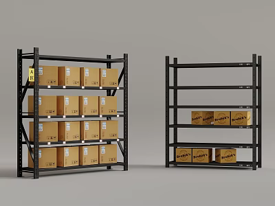 Black Metal Storage Shelves With Cardboard Boxes For Organized Storage 3d model