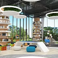 Modern Indoor Learning Space With Bookshelves Round Table Blue Ottomans Easel And Green Views