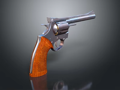 Classic Revolver Weapon With Wooden Textured Grip And Shiny Metal Barrel 3d model