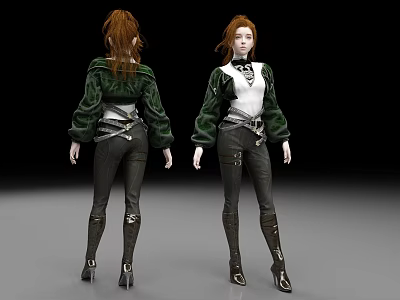 Stylish Woman Wearing Green Jacket White Top And Black Leather Pants With High Heels 3d model
