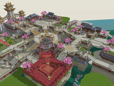 Ancient Architecture Complex Featuring Traditional Pavilions Curved Eaves Pink Cherry Blossoms And Stone Steps 3d model